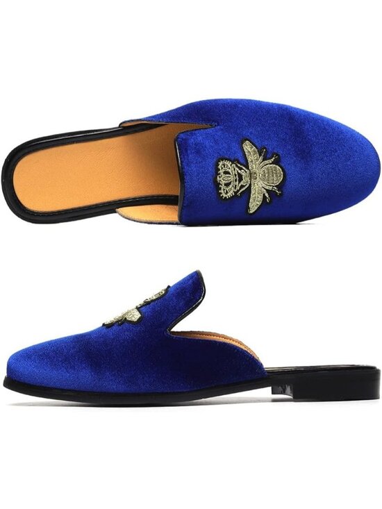 Men\'s Blue Rubber Sole Velvet Leather Crown Embroidery Slip On Loafer Slippers